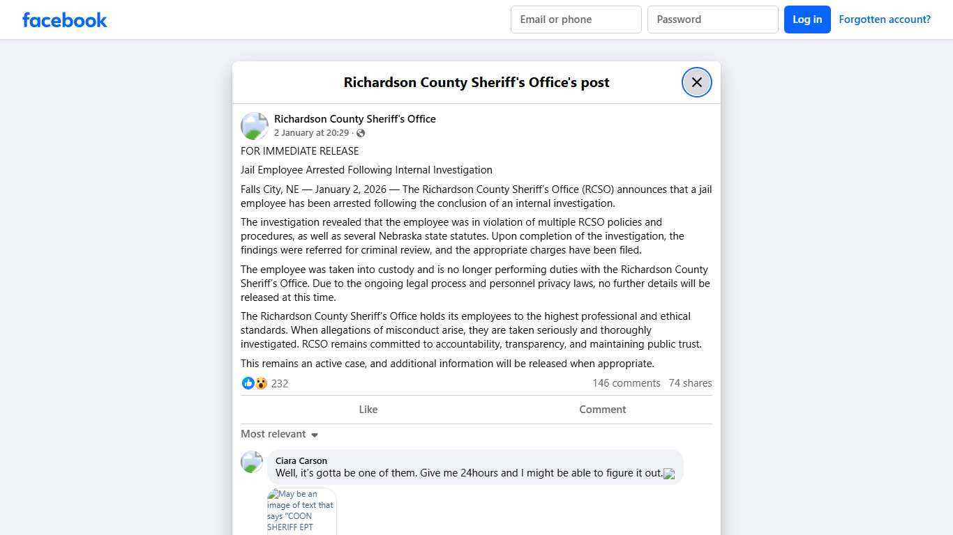 FOR IMMEDIATE RELEASE... - Richardson County Sheriff's Office Facebook